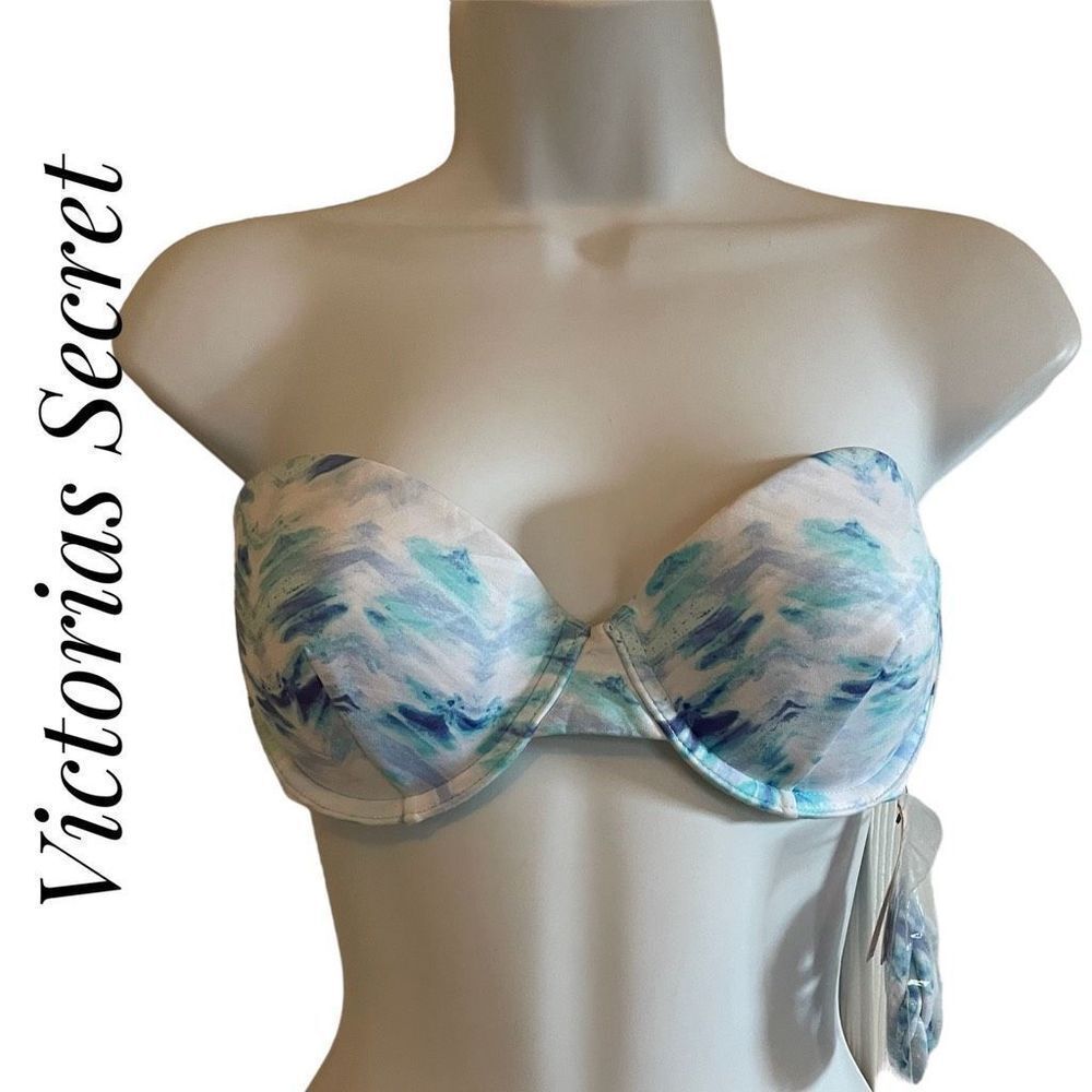 Victorias Secret 34C Push Up Strapless Bikini Top Tye Dye Blue White NWT